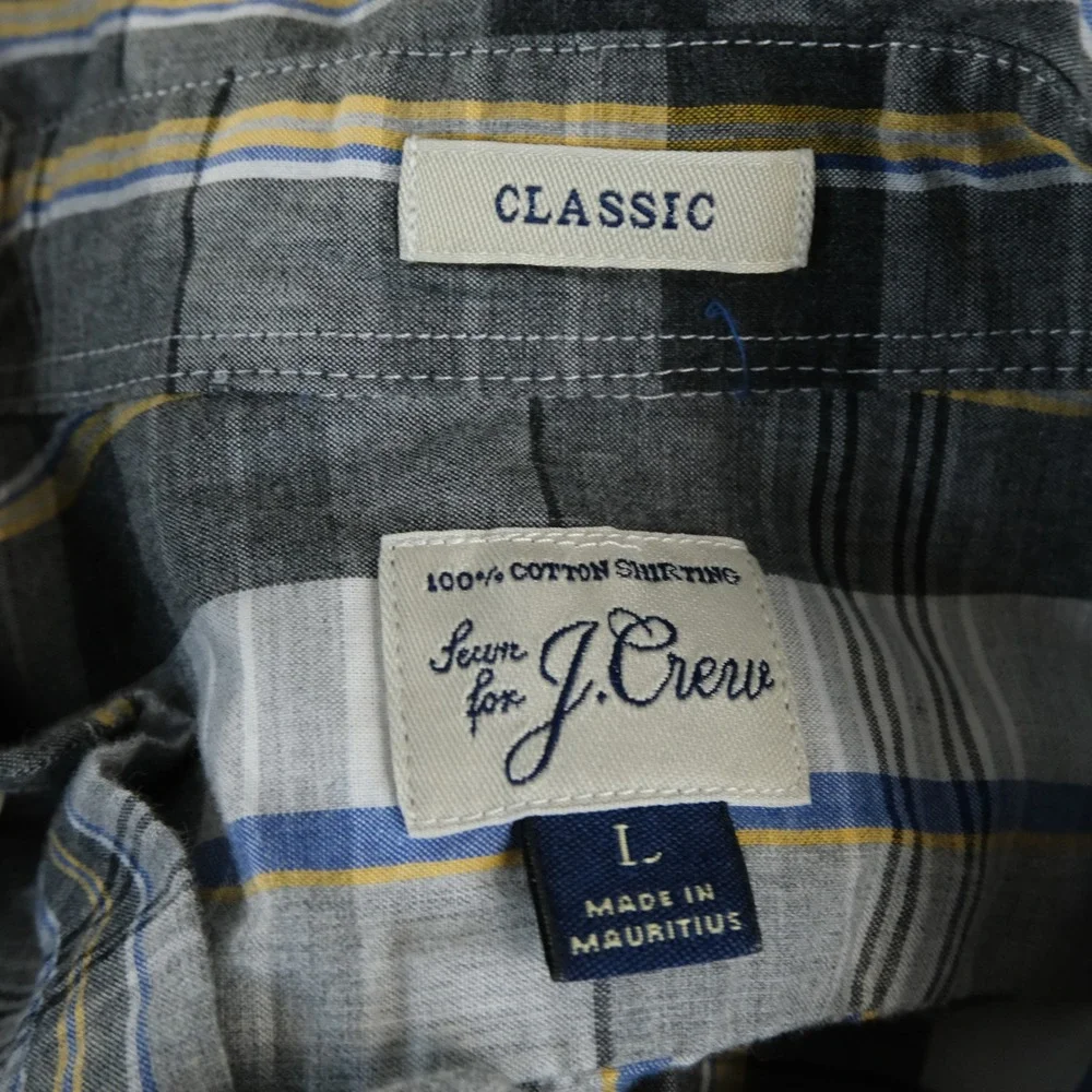 J. Crew Large Classic Fit Button Front Shirt Gray Plaid 100% Cotton Casual Mens